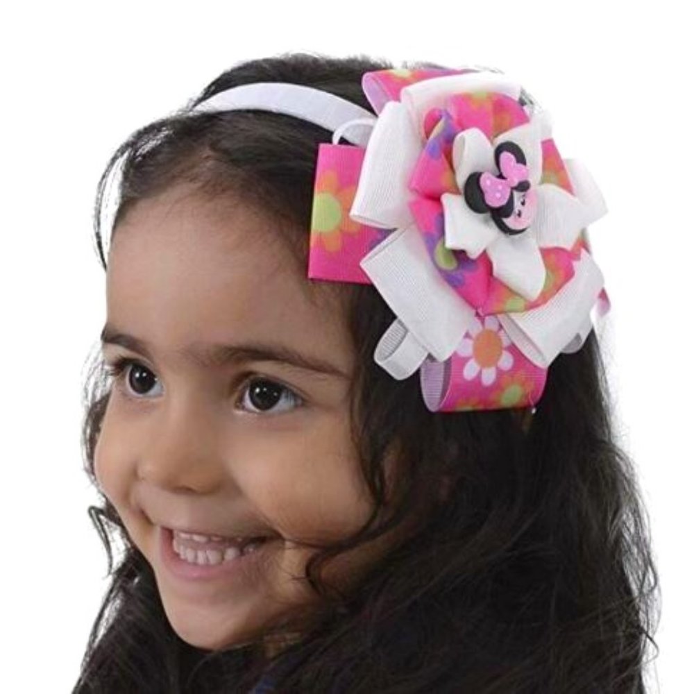 Girl's Headband Flower Design Fuchsia & White with Minnie Mouse Charm